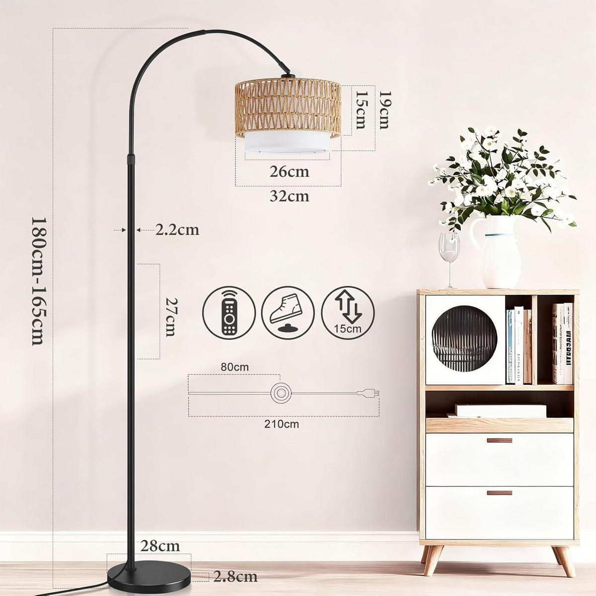 STEHLAMPE Dalyn 32/19/180 cm - Schwarz, Metall (32/19/180cm) - ZMH