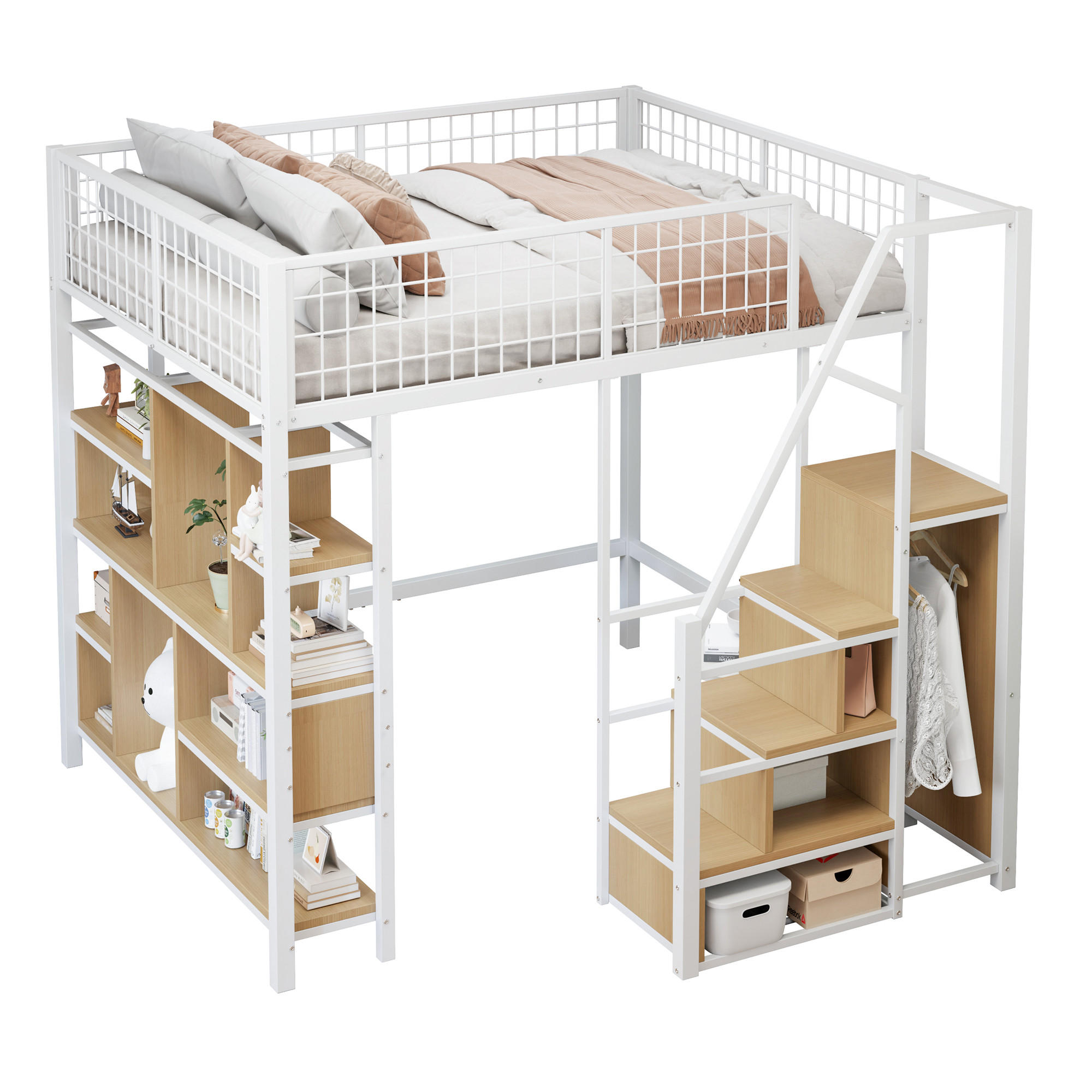 HOCHBETT 140/200 cm weiß Metallbett mit Stauraumtreppe und Ablageflächen - Weiß, Metall (140/200cm) - OKWISH