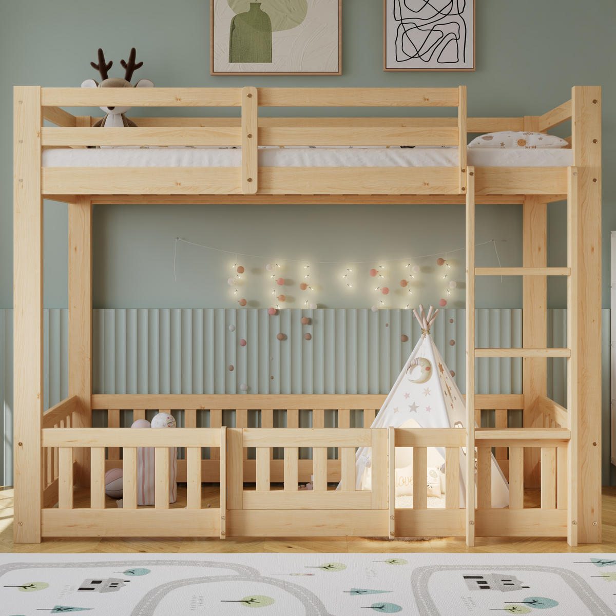 ETAGENBETT 90/200 cm in Natur Kinderbett mit Treppe, Tür und Geländer - Naturfarben, Holzwerkstoff (90/200cm) - STILVORA