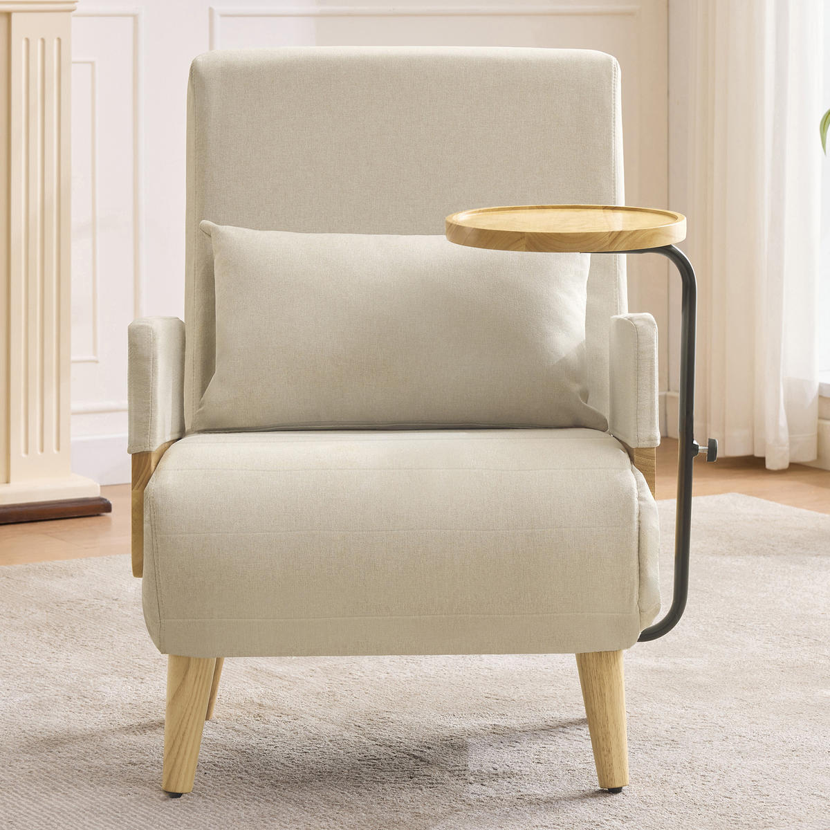 SCHLAFSESSEL Leinen Beige mit Schlaffunktion, Kissen und Holztablett - Beige/Naturfarben, Holz/Holzwerkstoff (66/88/74.5cm) - WISHDOR