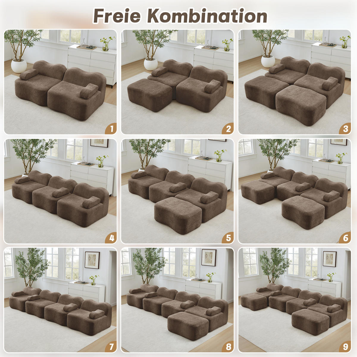 ECKSOFA 288/167/70 cm braun aus Samt mit modularer Ottomane und tiefer Sitzfläche - Braun, Textil (167/288cm) - OKWISH