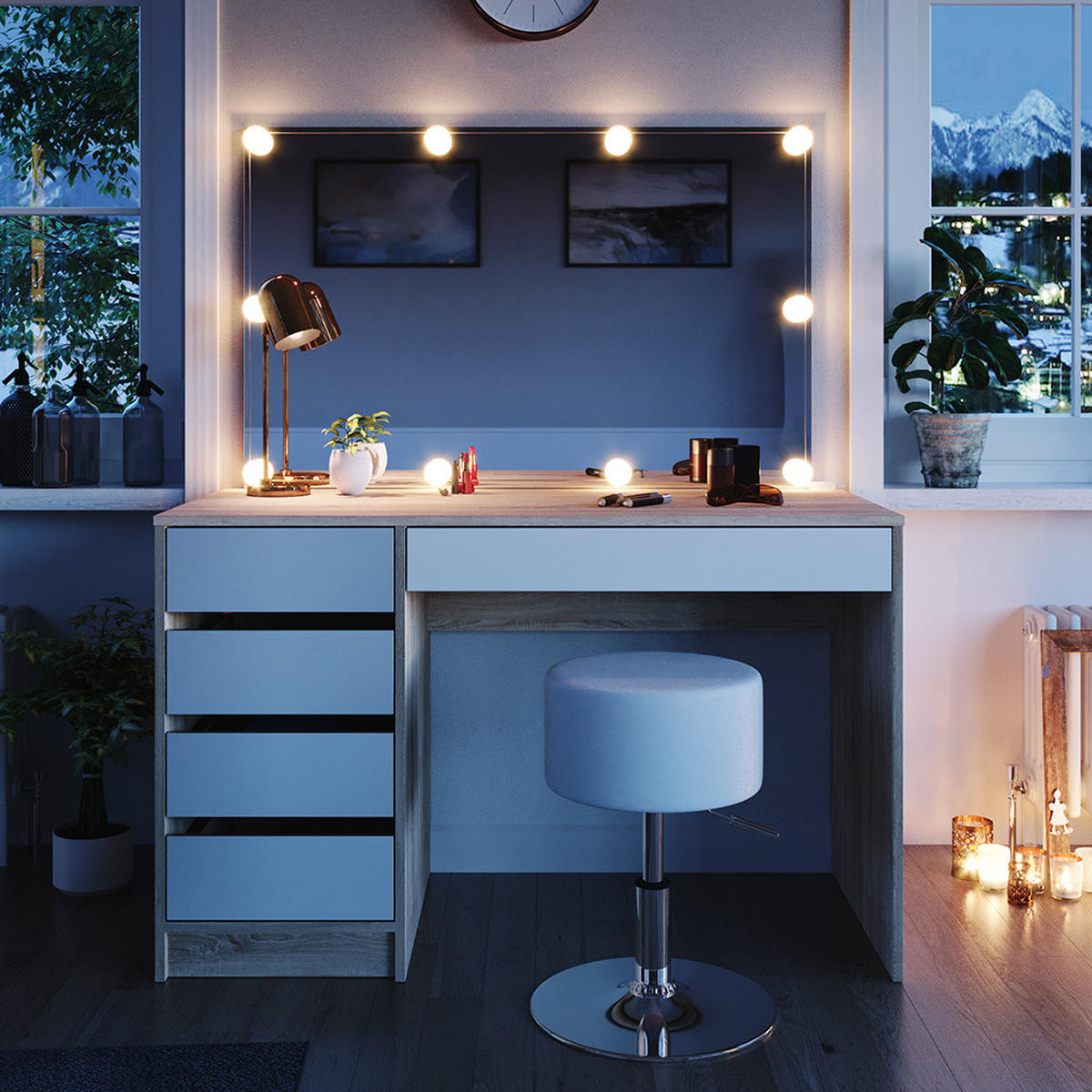 SCHMINKTISCH Sherry Weiß/Sonoma 120 cm mit LED Beleuchtung und Hocker - Weiß/Sonoma Eiche, Holzwerkstoff (120/75/55cm) - Vicco