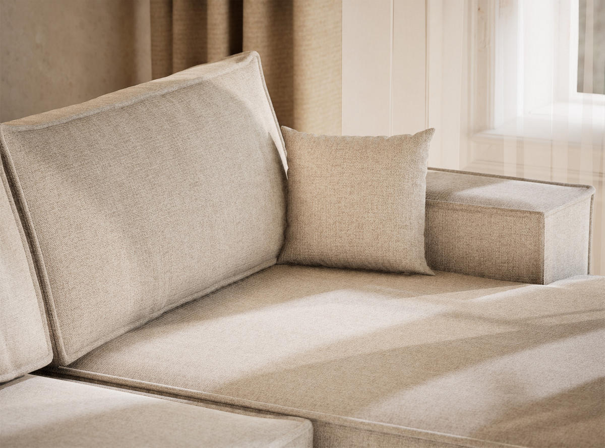 WOHNLANDSCHAFT Kyoto Hellbeige Webstoff - Creme/Schwarz, Holz/Holzwerkstoff (398/70/148cm) - Maison de Reve