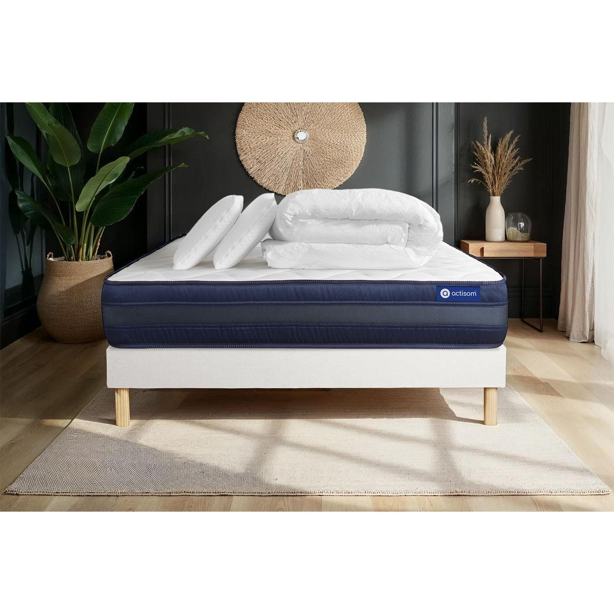 BETT Actiflex tech Taschenfederkern und Memory-Schaum 200 x 200 cm h4 - Kit Bettgestell Weiß - Mit Kissen und Bettdecke - Beige/Weiß, Karton/Holz (200/200cm) - ACTISOM