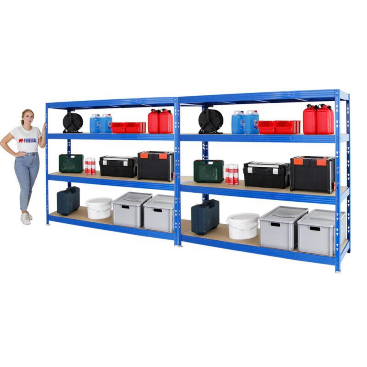 SCHWERLASTREGAL Rhino 2er-Set mit 2x 180x200x60 cm 4 Spanplatten-Ebenen 8mm Fachlast 500 kg Blau - Blau, Metall (400/180/60cm) - PROREGAL