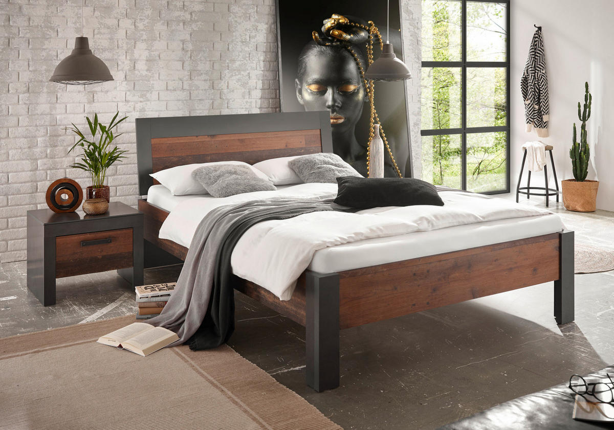 BETT Old Used Wood Shabby Design mit grau, Einzelbett, Liegefläche 140 x 200 cm - Dunkelgrau/Braun, Holzwerkstoff (140/200cm) - Furn.Design