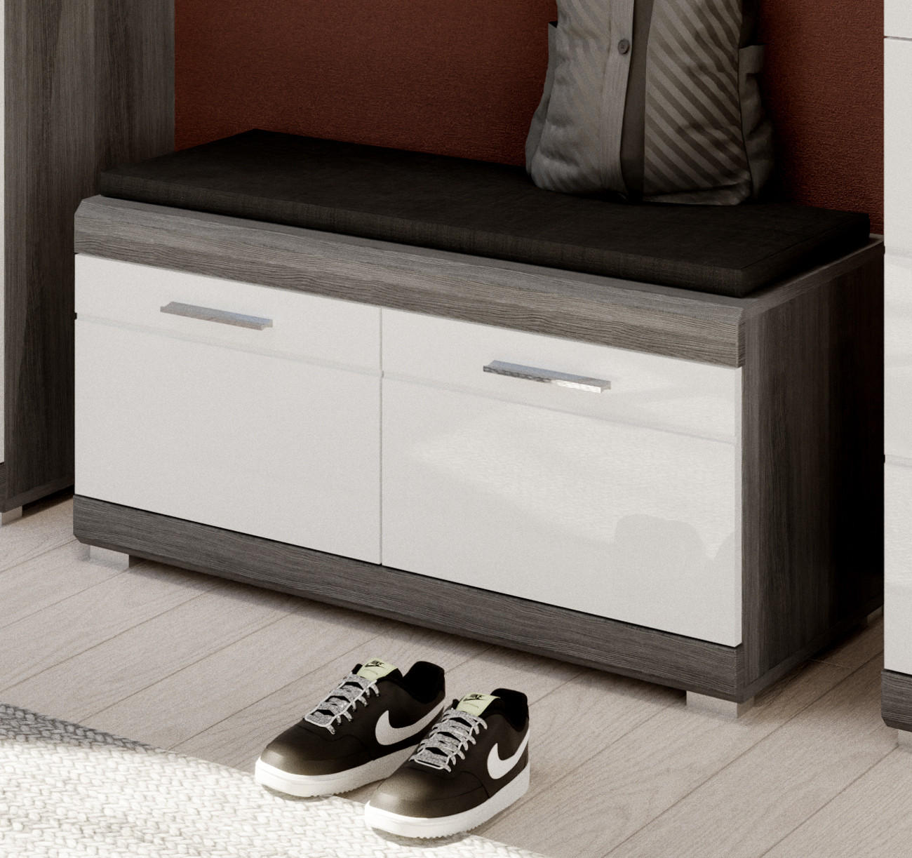 GARDEROBENBANK weiß Hochglanz, Rauchsilber grau, Sitzbank mit 4 Fächern - Chromfarben/Weiß Hochglanz, Holzwerkstoff/Kunststoff (90/44/40cm) - Inn.Furn