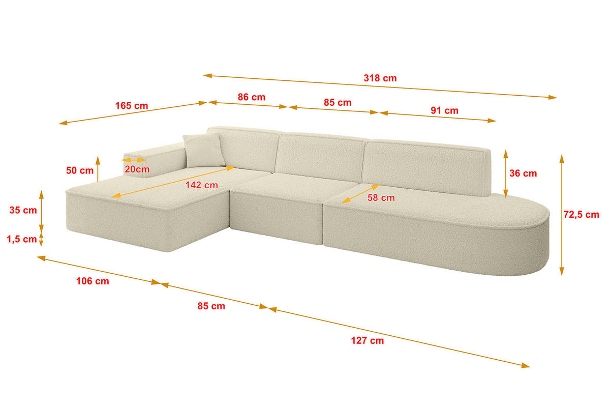 ECKSOFA Ottomane Links IREA-L2-v4 - 318x165x72,5 cm Beige - Beige, Holzwerkstoff/Textil (318/165cm) - ALTDECOR