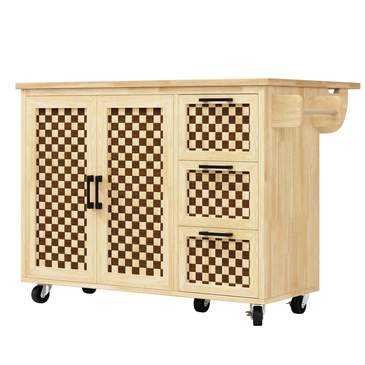 KÜCHENINSEL mit Rollen 120/45/92 cm Holzoptik mit Klappplatte, 3 Schubladen und 2 Türen - Naturfarben, Holz/Holzwerkstoff (120/92/45cm) - Oxeza