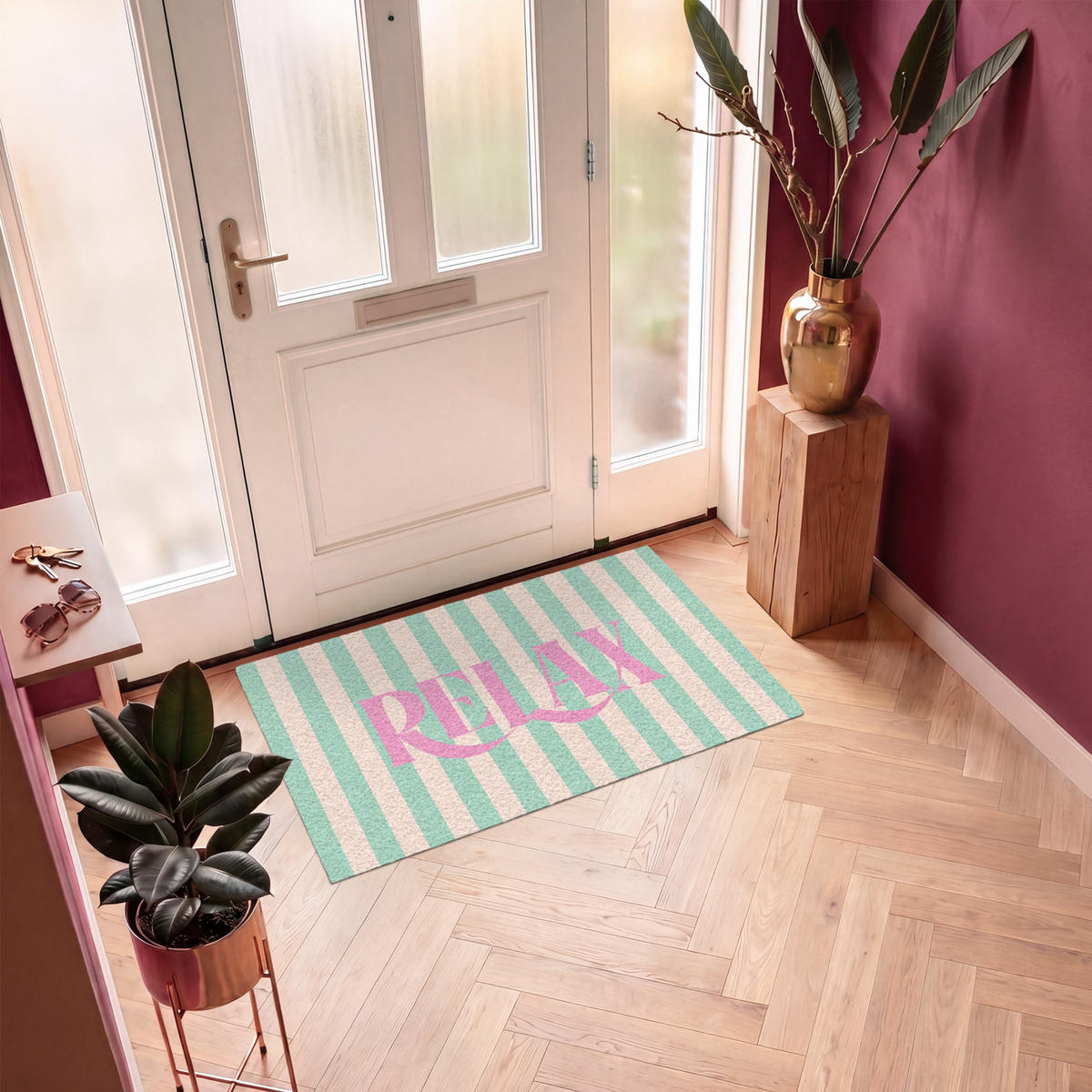 FUSSMATTE Rosa – Grün – Streifen – Entspannung 120x80 cm - Mintgrün, Kunststoff (120/0.4cm) - MuchoWow