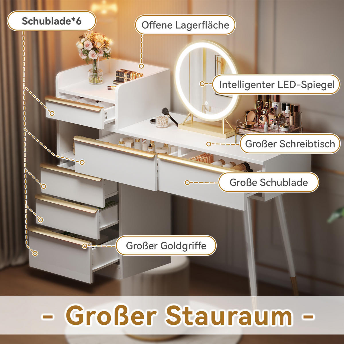 SCHMINKTISCH 100/41,5/102 cm Weiß aus Spanplatte mit LED-Spiegel - Weiß, Holzwerkstoff (41.5/102/100cm) - OKWISH