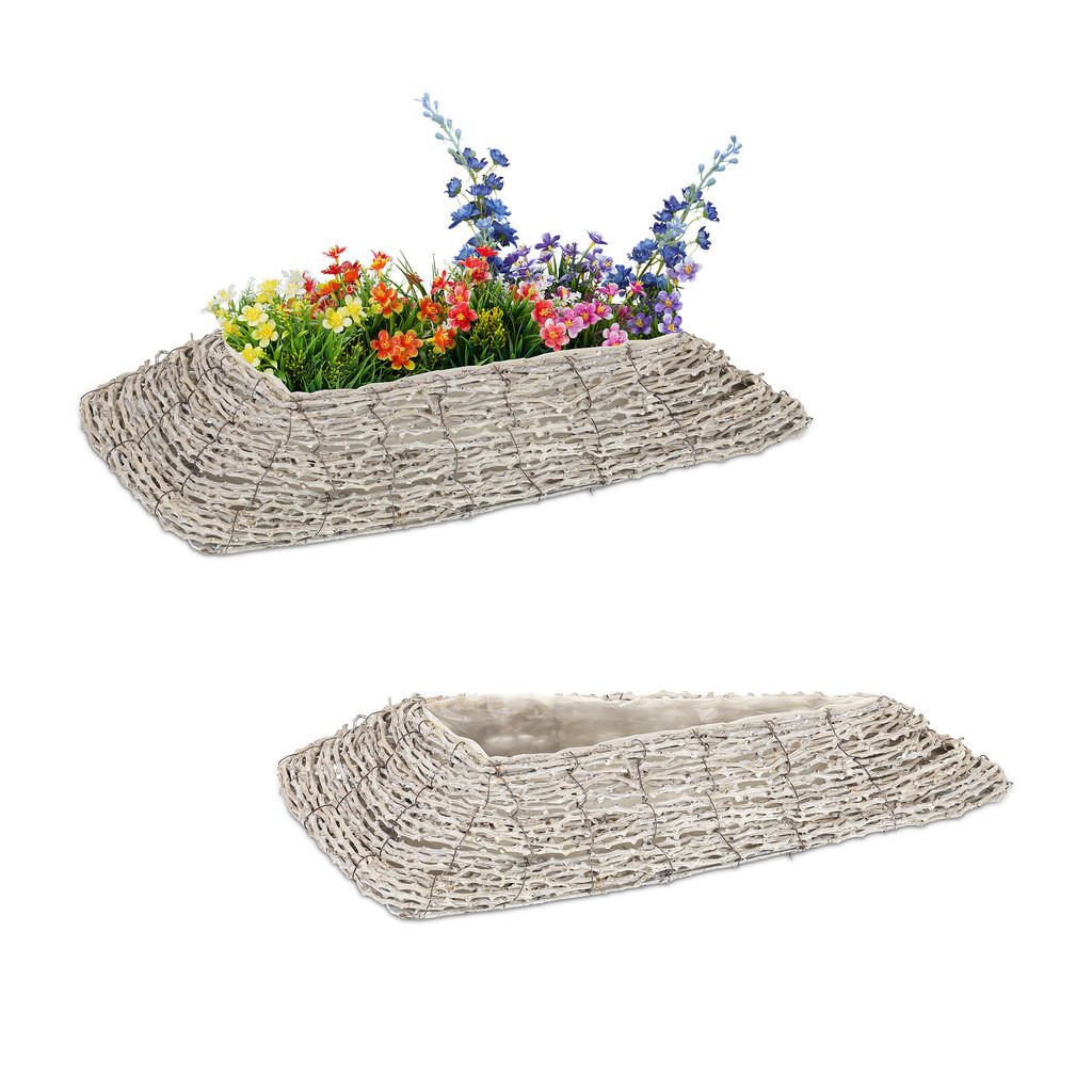 Relaxdays KVĚTINÁČ Bílý Přírodní 2dílná-sada ratan trojúhelníkový
