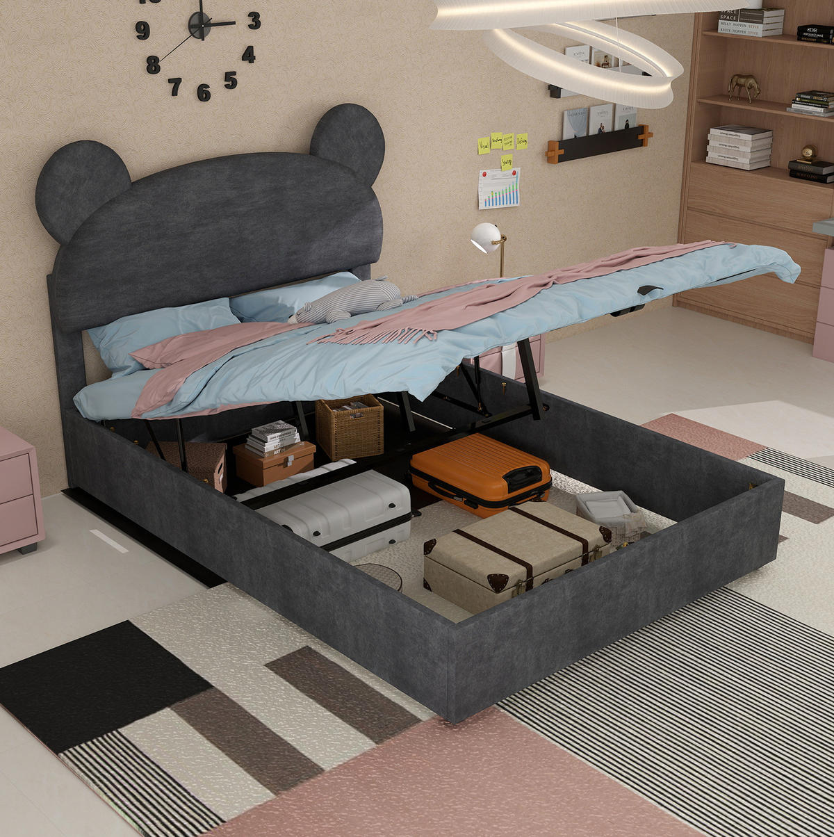 ČALÚNENÁ posteľ 140/200 cm sivá z látky a kovu s úložným priestorom a plynovým zdvihom - sivá, textil (140/200cm) - OKWISH
