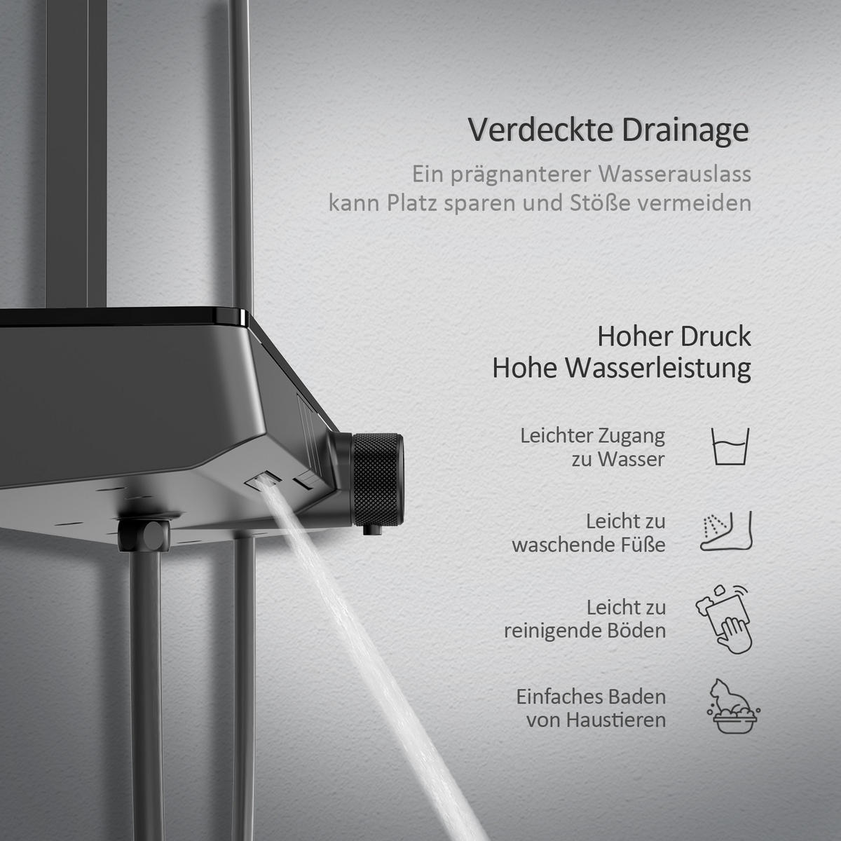 ÜBERKOPFBRAUSESET mit Großer Ablagefläche Brausethermostat Schwarz - Schwarz, Metall (66.5/198.6/71.1cm) - EMKE
