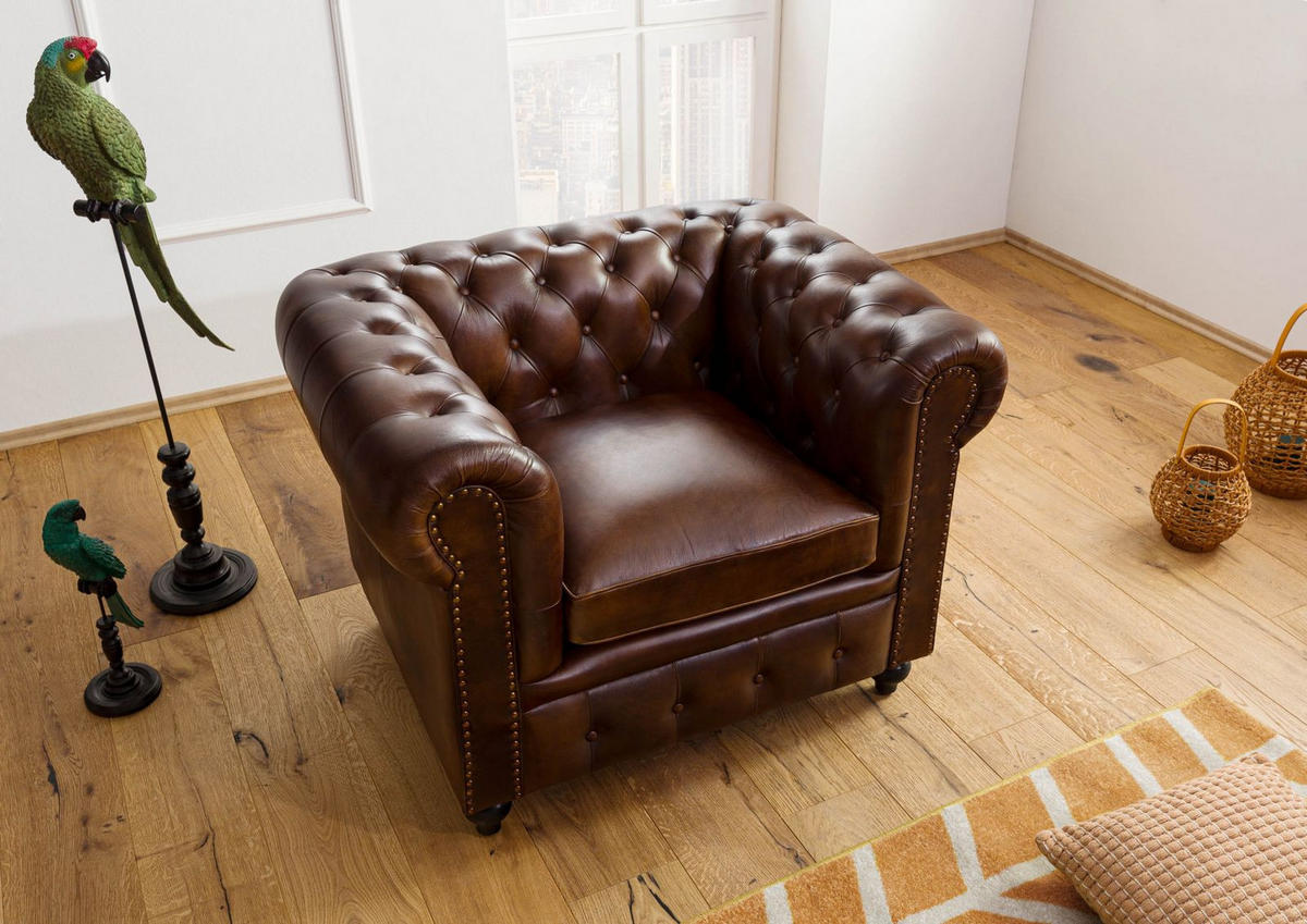 SESSEL Echtleder 105x82x75 braun CHESTERFIELD #102 - Braun, Leder (105/75/82cm) - Massivmoebel24