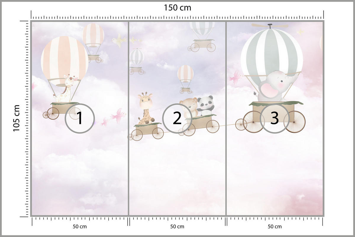 FOTOTAPETE für Kinderzimmer Tiere Wolken Luftballons 150x105 - Beige/Violett, Papier (150/105cm) - Muralo