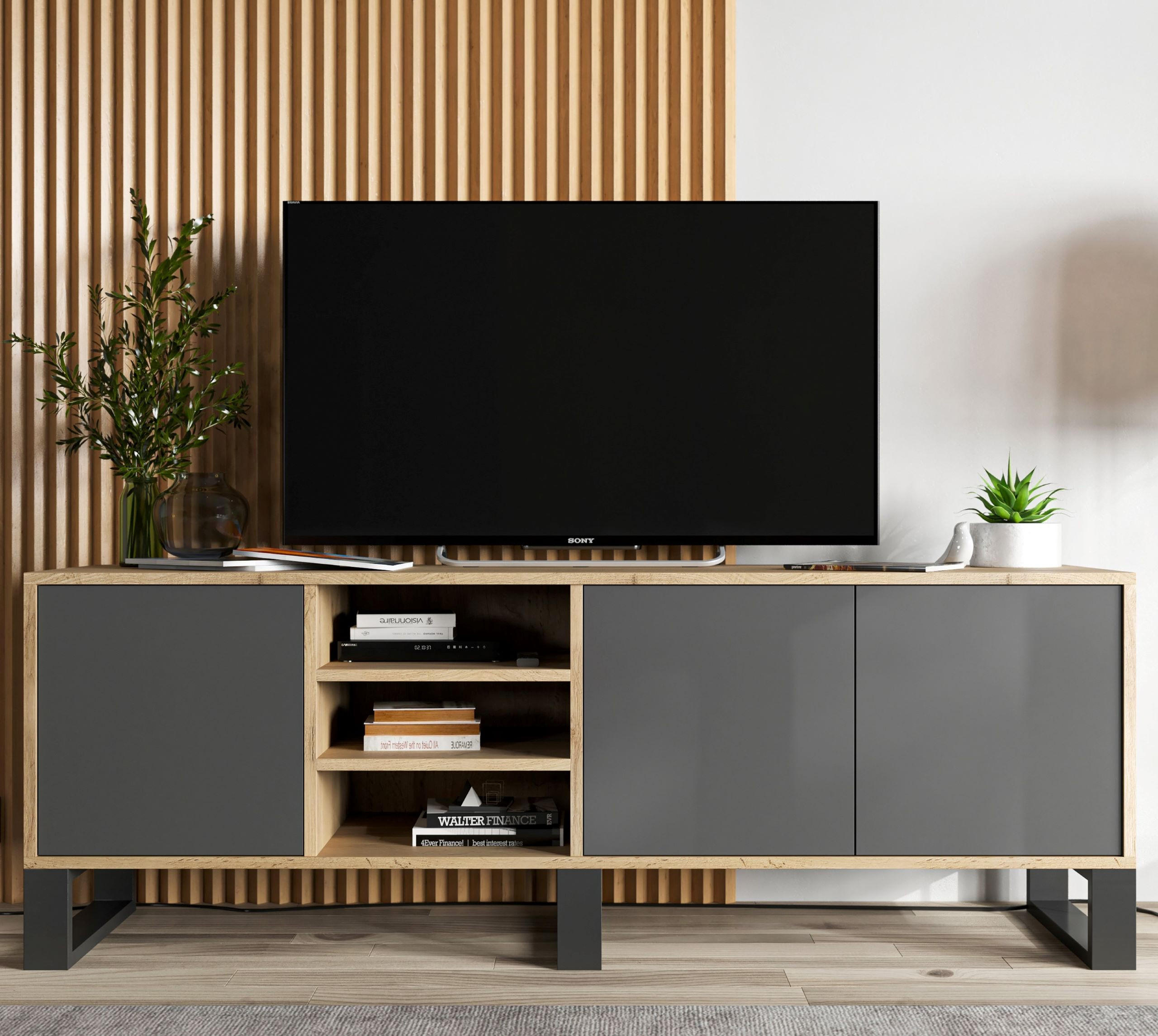 TV-LOWBOARD Apollo Eiche wotan Graphit Matt mit Metallbeinen 150/53/35 cm - Graphitfarben/Schwarz, Holzwerkstoff/Metall (150/53/35cm) - Meble Lindner