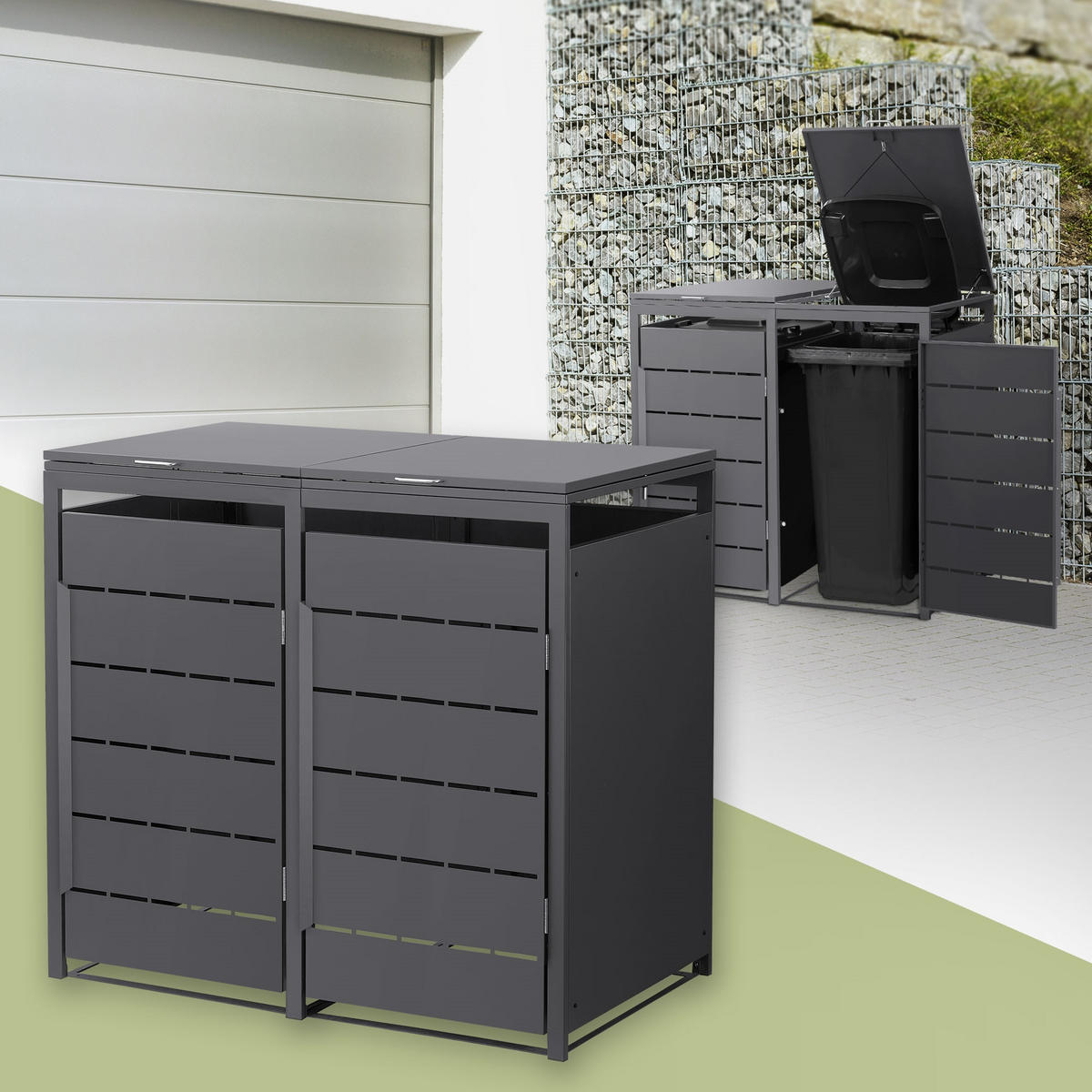 MÜLLTONNENBOX 2er 240L 132x80x120 cm Anthrazit aus Stahl wetterfest - Anthrazit, Metall (80/120/132cm) - ML-DESIGN