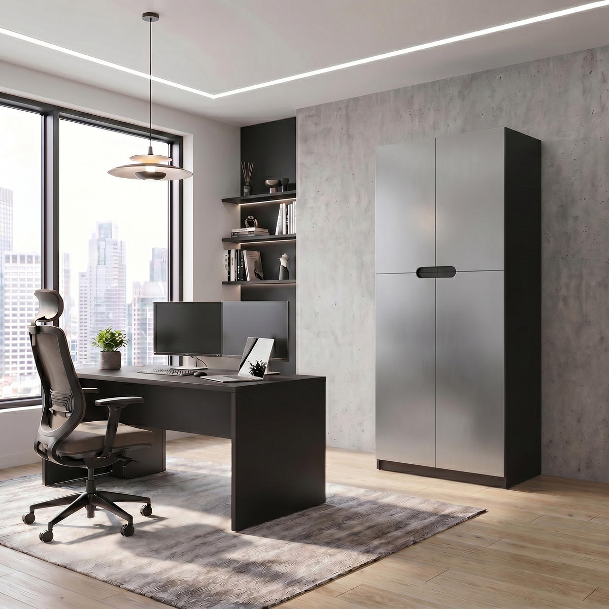 BÜROSCHRANK Logan Fronten in Hellgrau Seidenmatt - Greige, Holzwerkstoff (82/184/37cm) - Vladon