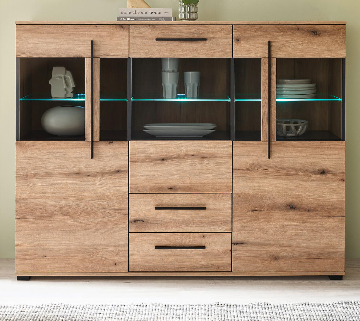 HIGHBOARD Eiche Evoke, Anrichte 160 cm mit Beleuchtung - Eichefarben/Schwarz, Glas/Holzwerkstoff (160/126/42cm) - Furn.Design