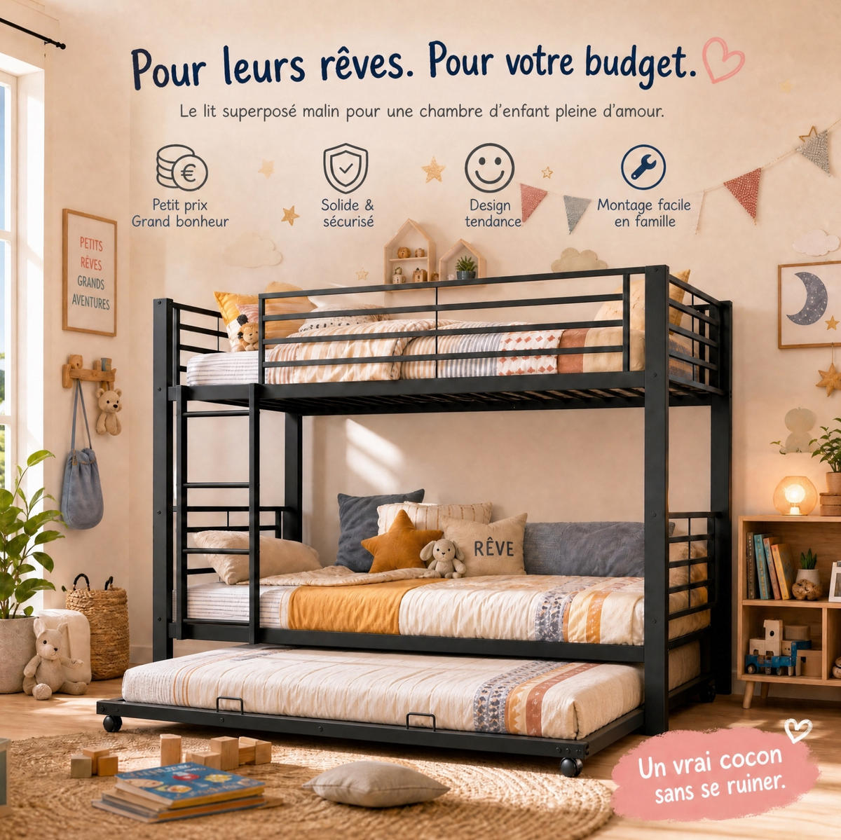 ETAGENBETT Metall 90x200 cm Schwarz mit Ausziehbett platzsparendes Kinderbett für 3 Personen - Schwarz, Metall (90/200cm) - Modfu