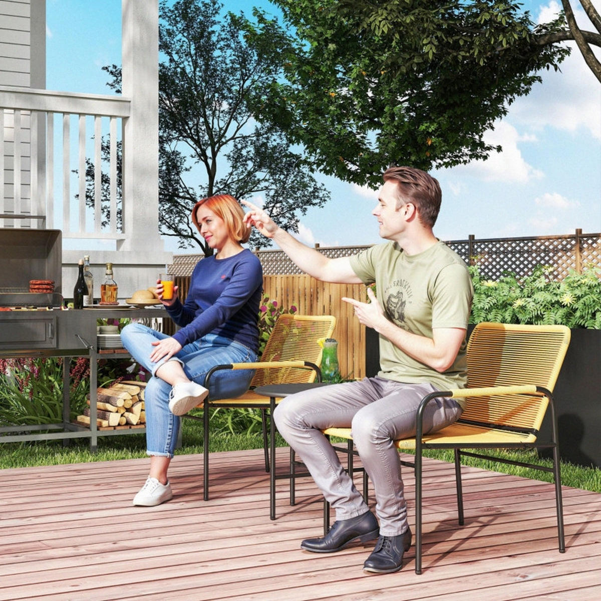 BALKONSET 3-teilig,50×50×48cm Rattan Tisch rostfrei - Gelb, Metall - Modfu