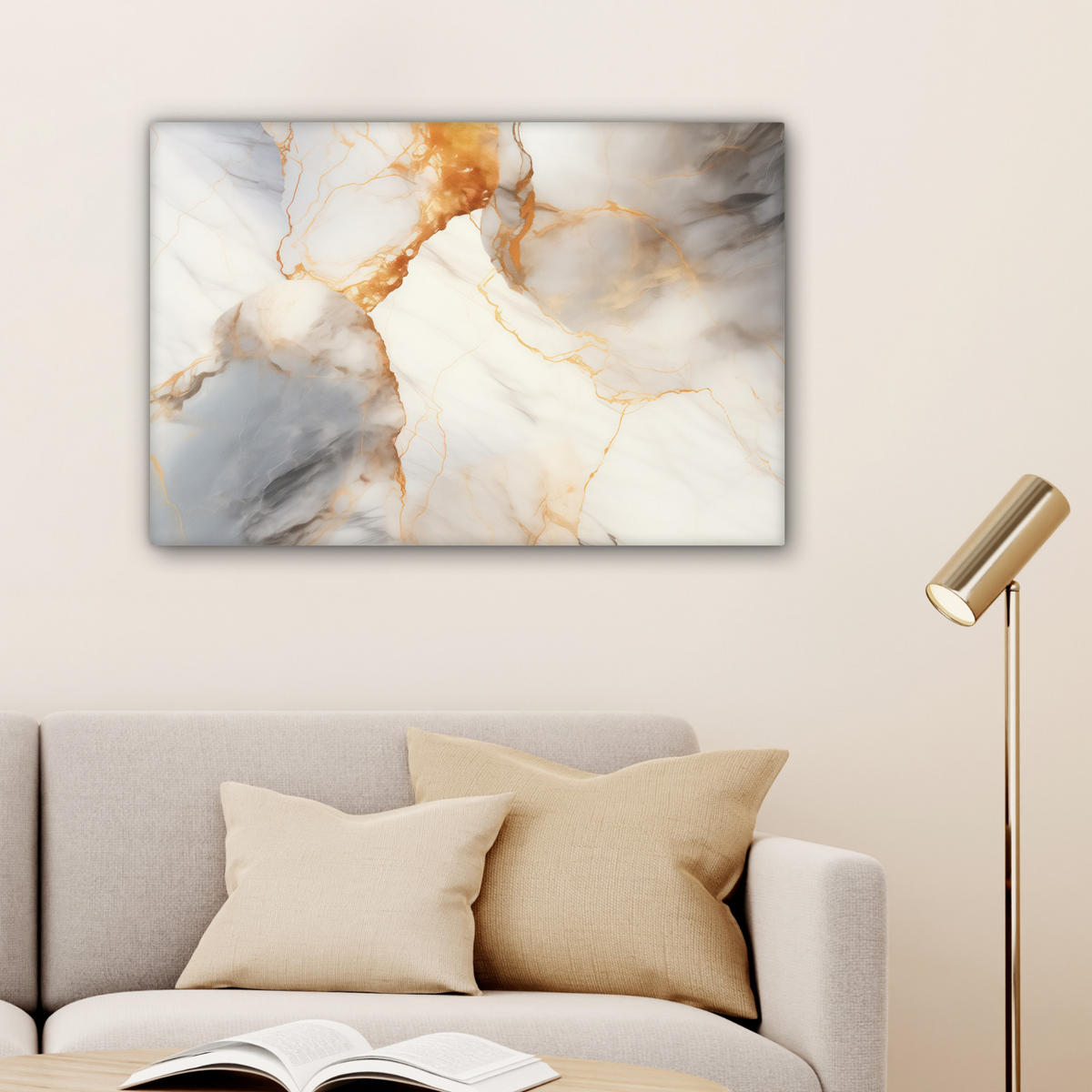 OBRAZ NA PLÁTNĚ Mramor - šedá - zlatá 90x60 cm - bílá, textil (90/60cm) - MuchoWow