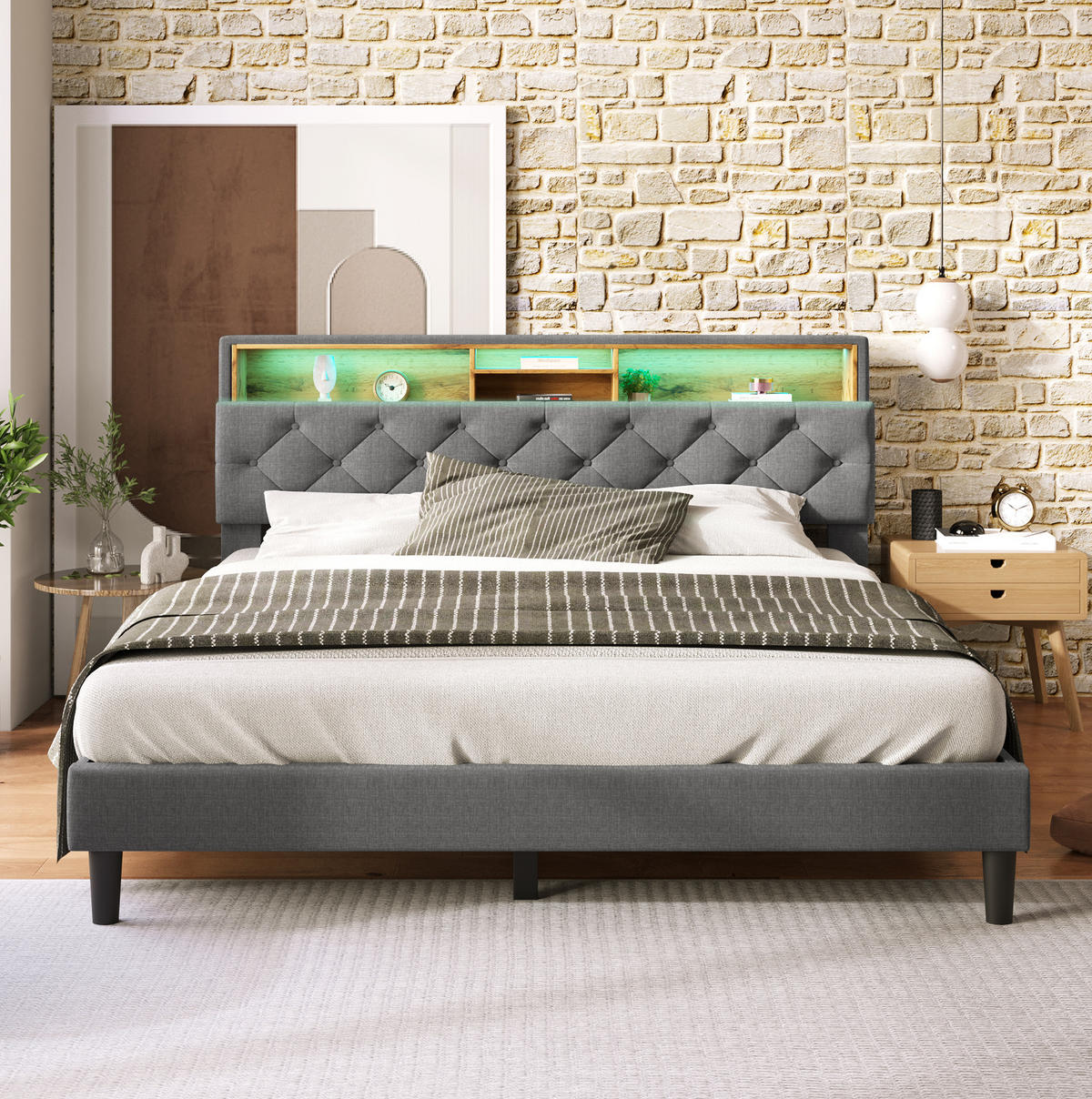 POLSTERBETT 140/200 cm Grau aus Massivholz mit Stauraum-Kopfteil und LED-Beleuchtung - Grau, Holz (140/200cm) - OKMYHOME