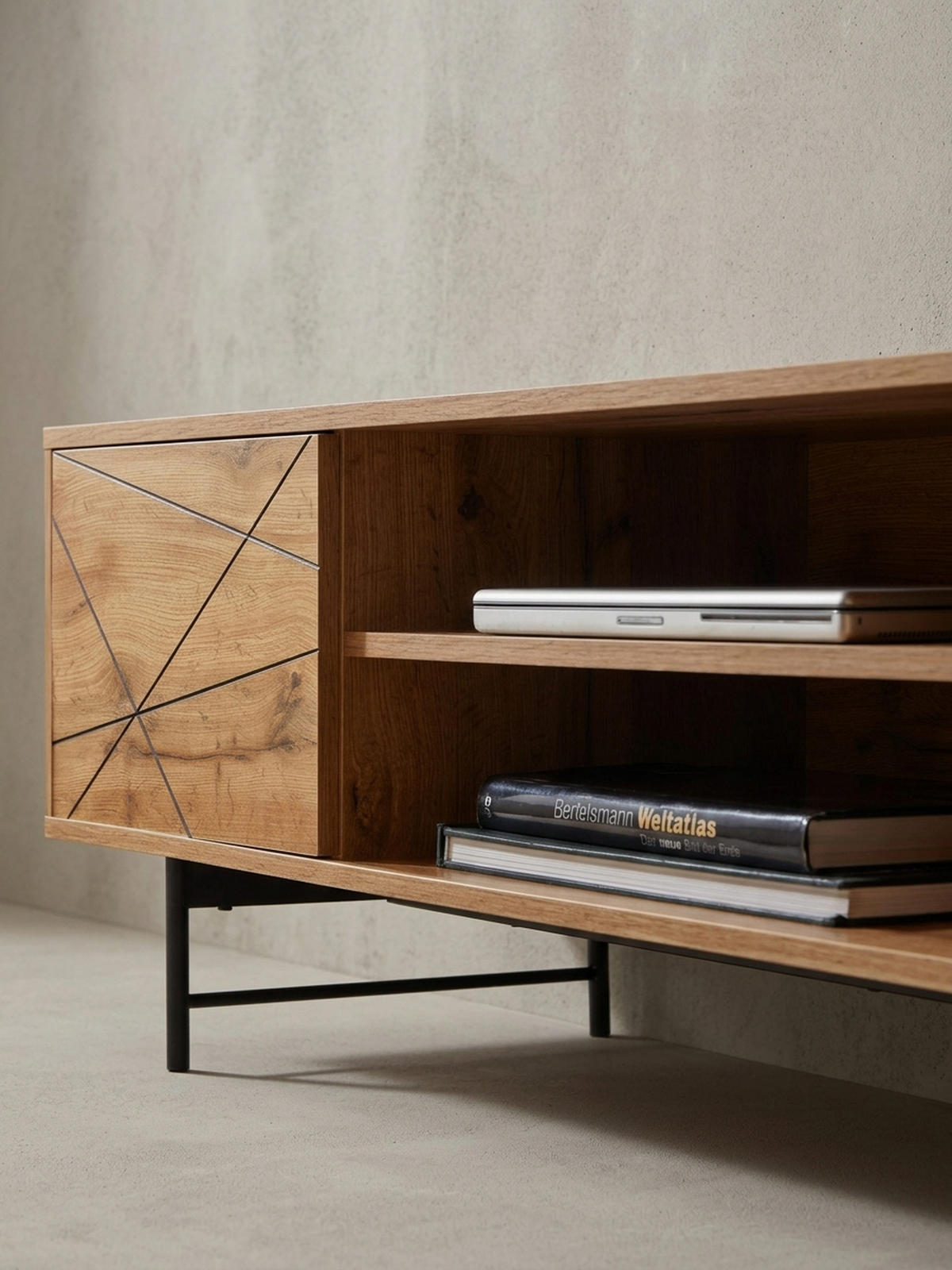 LOWBOARD Eiche-Dekor Modern Stil 160 cm Breit mit Linienmuster - Schwarz/Braun, Holz/Metall (160/45/40cm) - KADIMA DESIGN