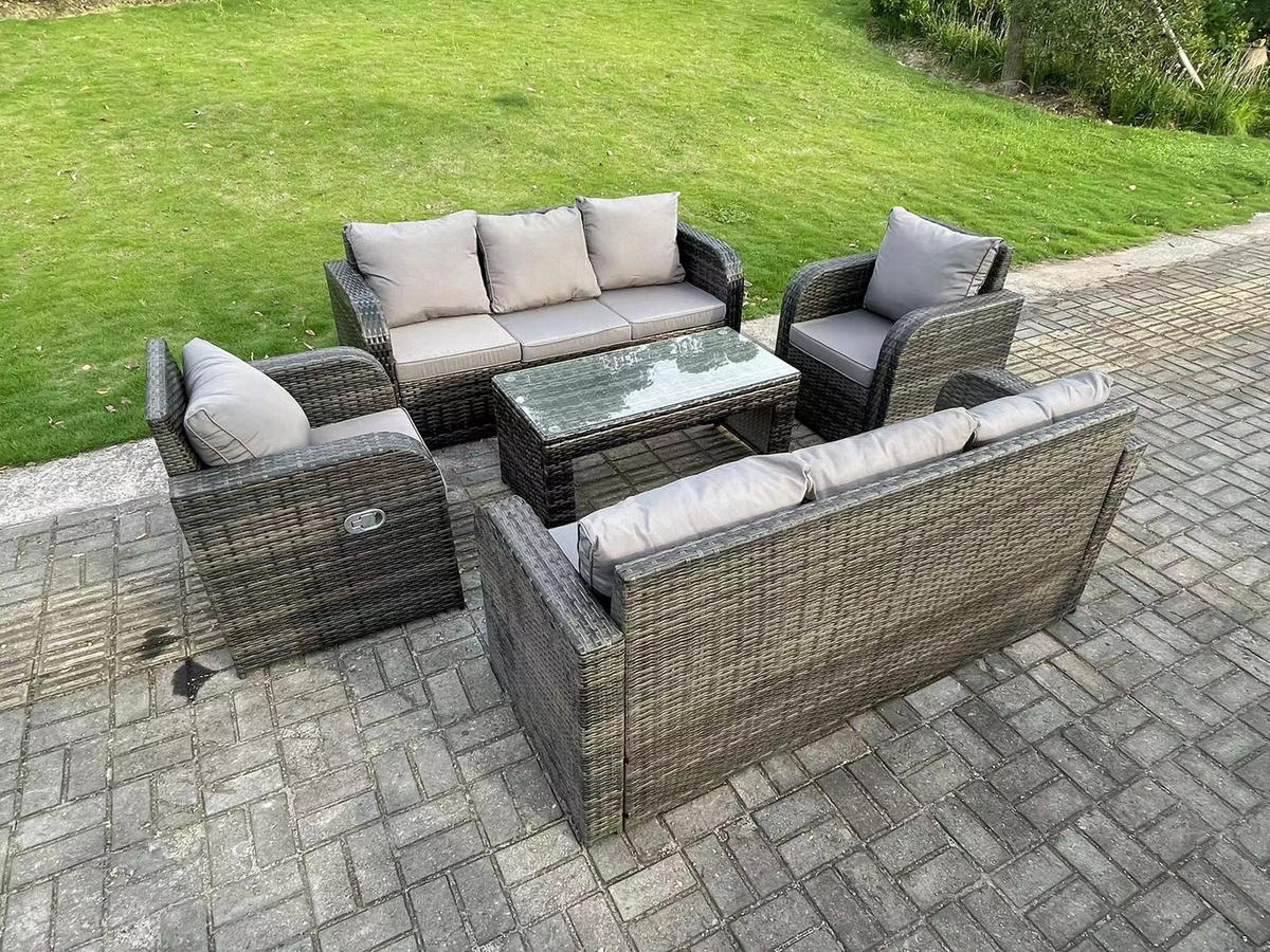 GARTENSOFA-SET MIT COUCHTISCH LOUNGE Polyrattan Patio 8-Sitzer - Dunkelgrau/Grau, Glas/Kunststoff - Fimous