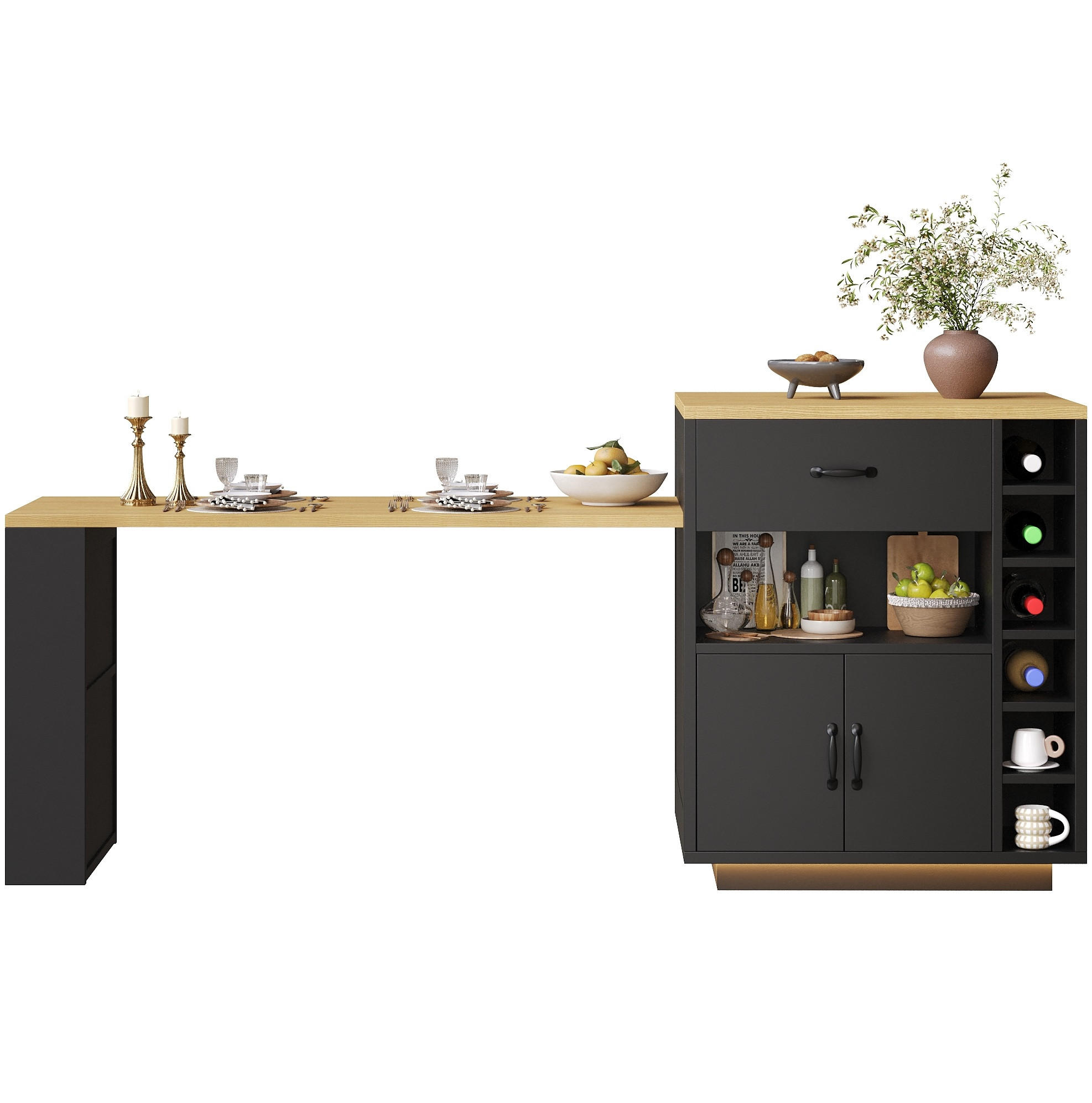 KÜCHENINSEL aus MDF 80x70x95,5 cm Schwarz mit Ausziehtisch, Weinregal und großem Stauraum - Schwarz, Holzwerkstoff (80/95.5/70cm) - Modfu