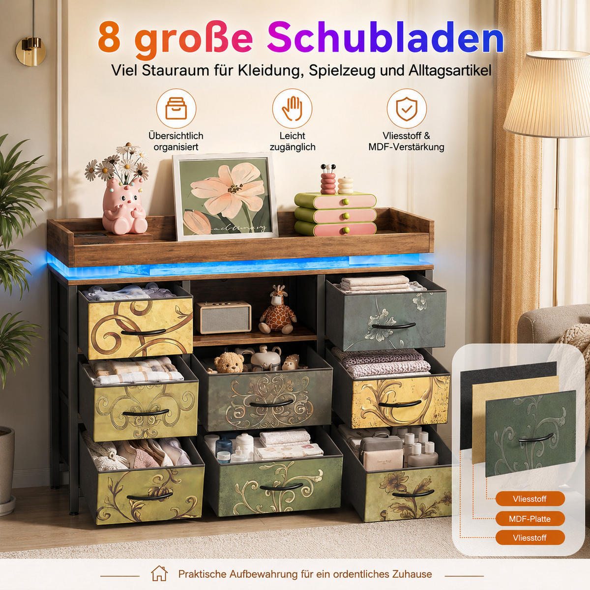 KOMMODE Vintage‑Blumen‑Design Stauraumschrank mit LED‑Beleuchtung 30/108/82 cm - Multicolor, Holz (108/82/30cm) - Joyfair