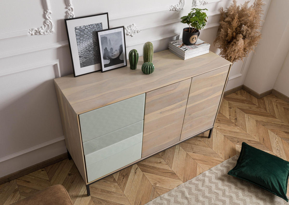 KOMMODE Akazie 134x45x85 grau-weiß geölt CHICAGO #07 - Braun, Holz (134/85/46cm) - Massivmoebel24