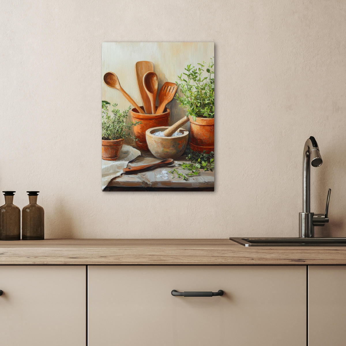 LEINWANDBILD Töpfe - Kräuter - Holz 30x40 cm - Terracotta, Textil (30/40cm) - MuchoWow