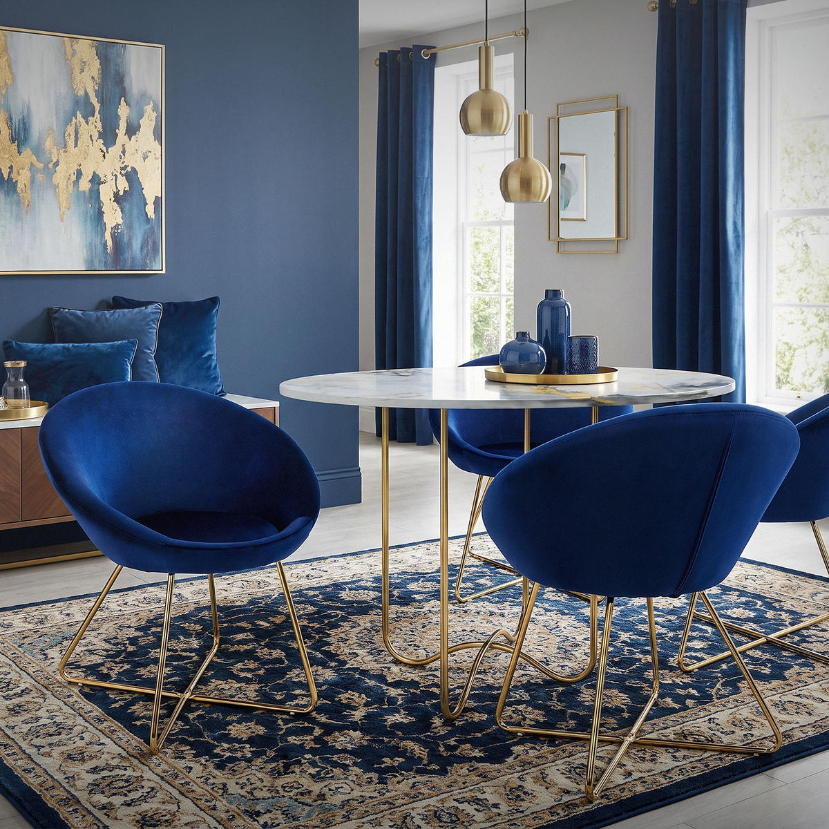 STUHL Samt blau - Blau/Goldfarben, Metall (58/74/65cm) - ML-DESIGN