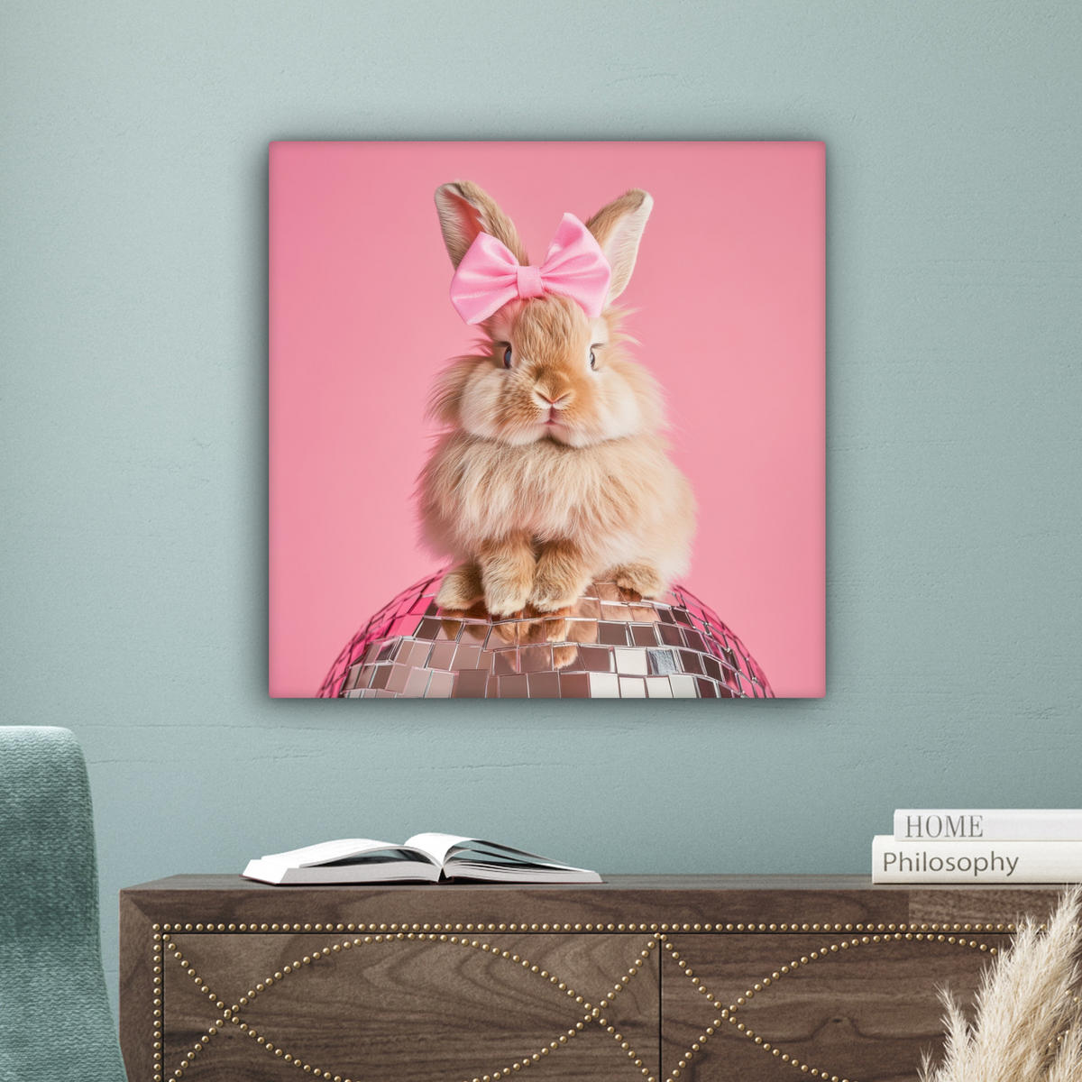 LEINWANDBILD Schleife - Discoball - Kaninchen Wandbild Wohnzimmer 50x50 cm - Pink, Textil (50/50cm) - MuchoWow