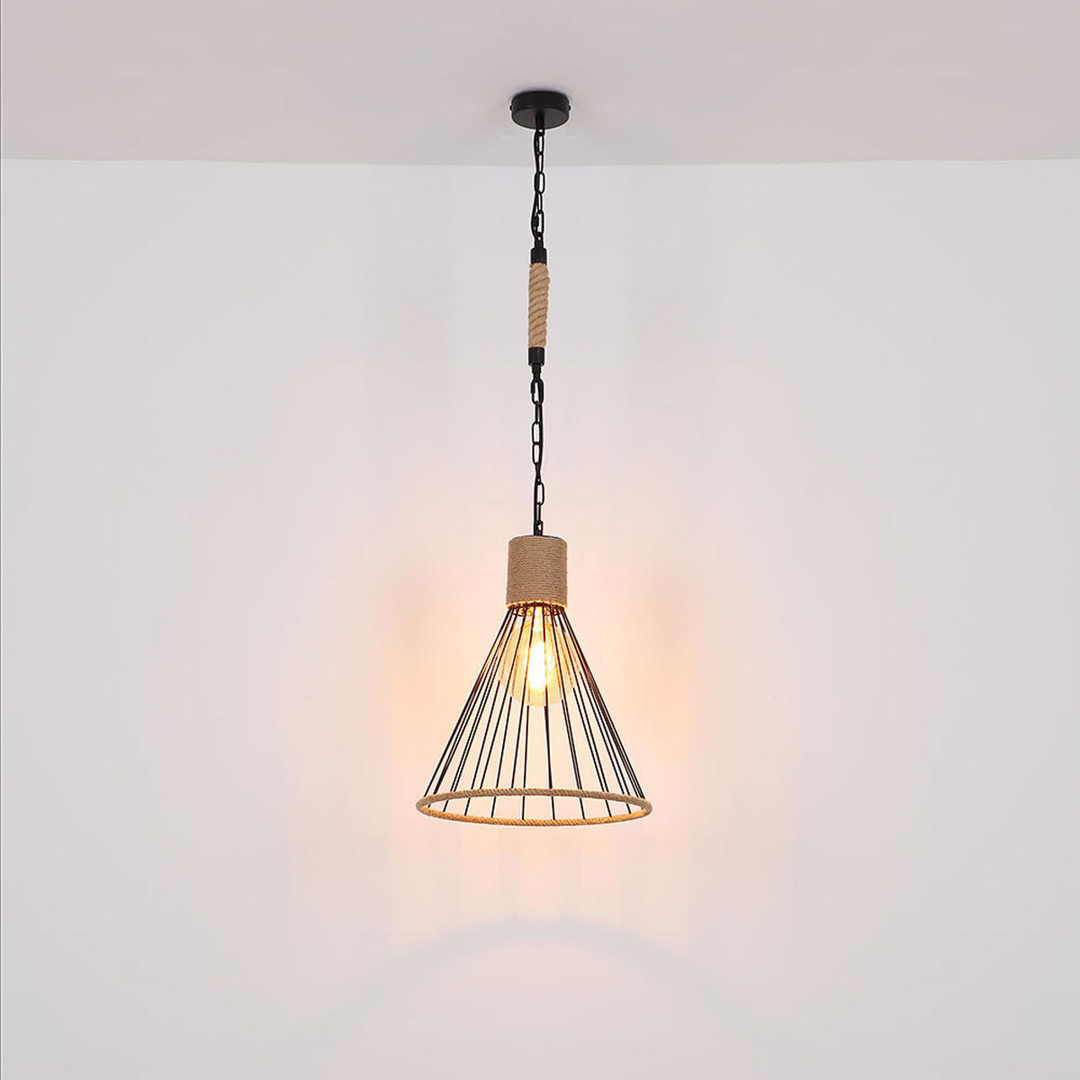 LED HÄNGELEUCHTE Hanfseil Schwarz - Schwarz, Metall (35/35/140cm) - Globo Lighting