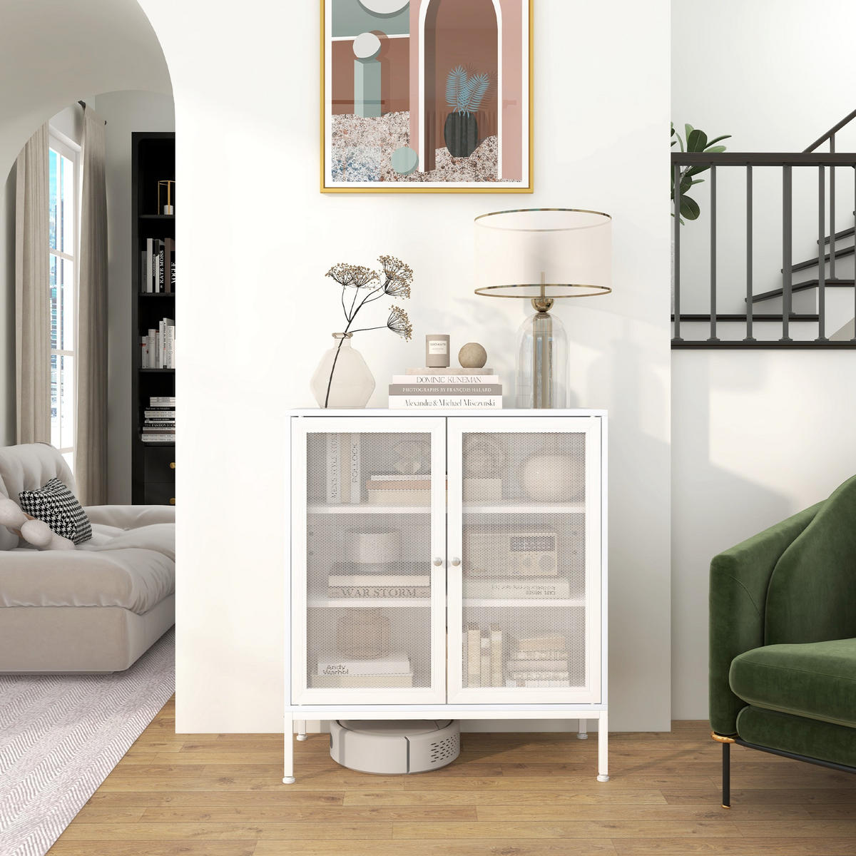 SIDEBOARD DE-11088 3 Ebenen, 2 Gittertüren & verstellbarer Boden Weiß - Weiß, Holzwerkstoff (37/92/80cm) - ComfortXL