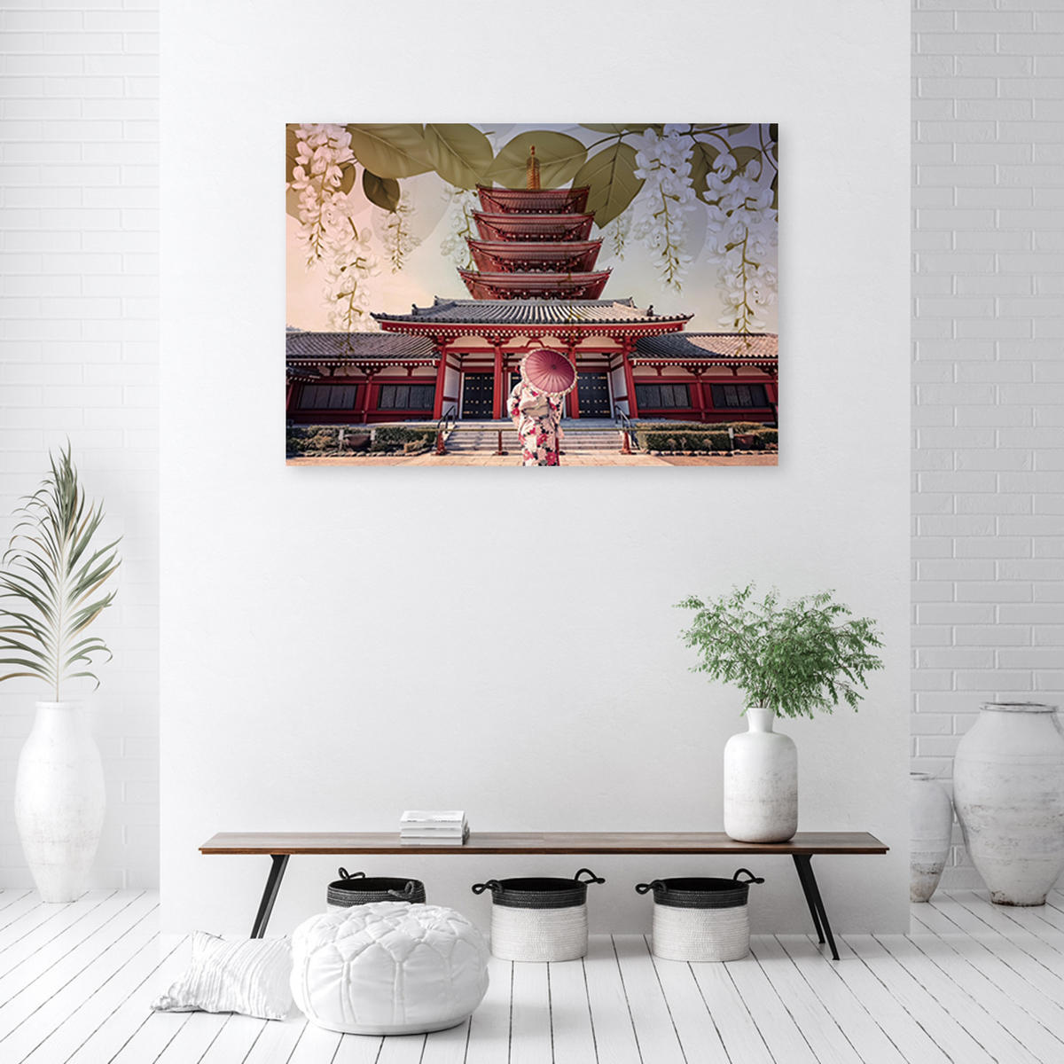 WANDBILD japanische geisha und tempel - Rot, Textil (60/40cm) - Feeby