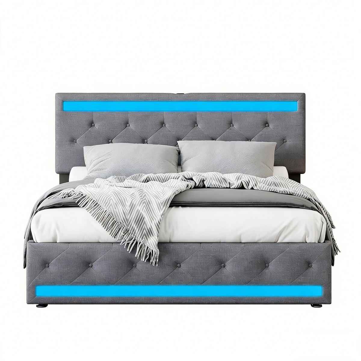 POLSTERBETT 140x200 cm mit LED und USB, Doppelbett mit Lattenrost und Kopfteil, Bett 140x200, Leinenstoff, Grau - Grau, Holzwerkstoff/Textil (140/200cm) - GENKI LIVING
