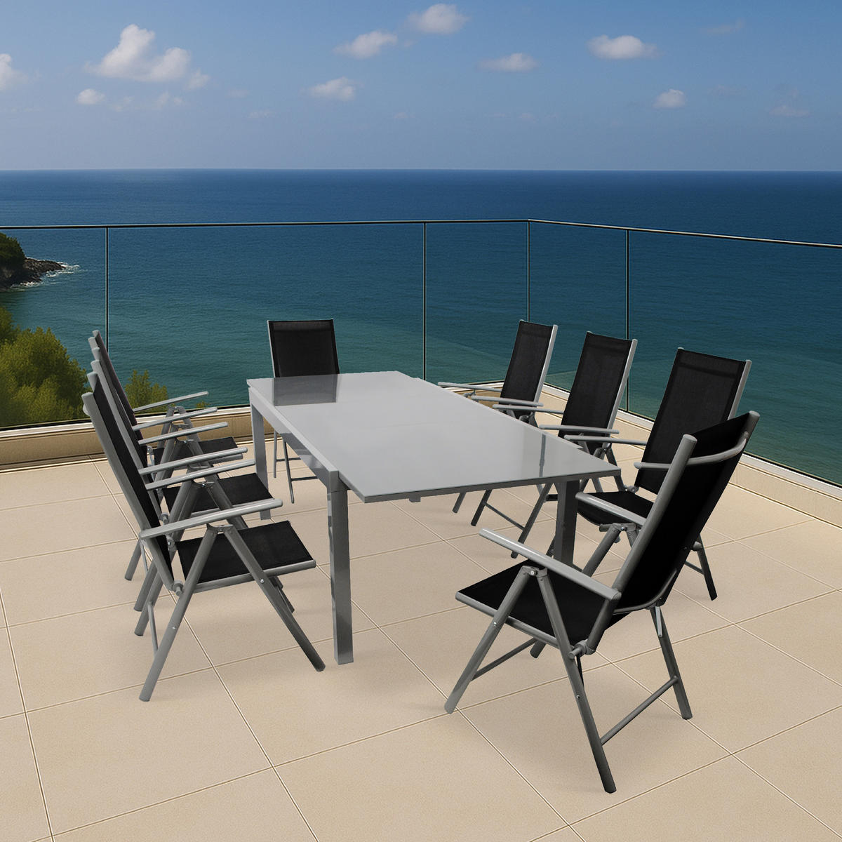 GARTEN-GARNITUR Ashford - 9-teilig (8x Klappsessel mit Armlehnen, 1x Ausziehtisch 180/240x100cm) - Schwarz, Metall - TPFGarden
