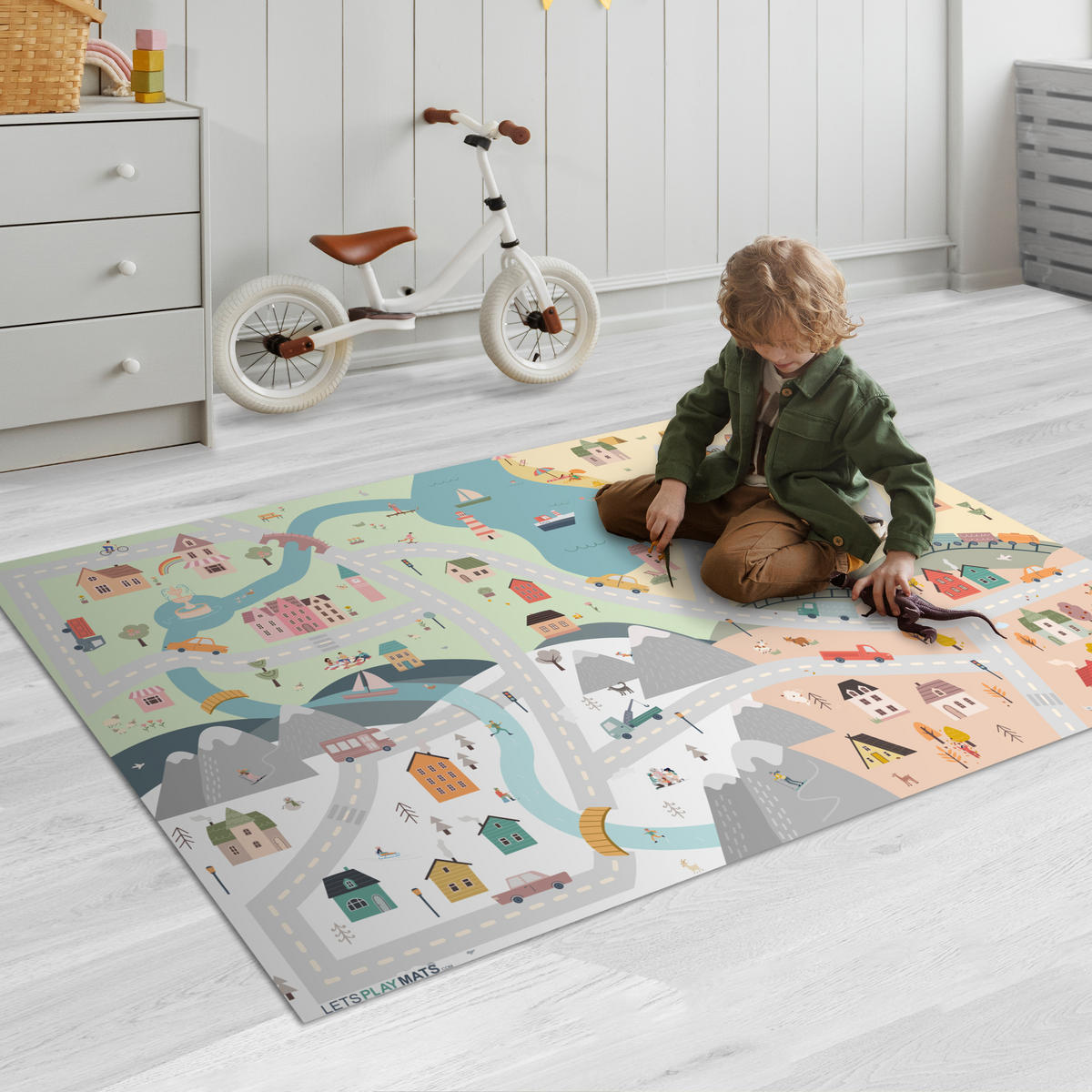 KINDERTEPPICH Jahreszeiten - Stadt - Häuser - Straße - Kinder - Auto 135x90 cm - Multicolor, Kunststoff (135/90cm) - MuchoWow