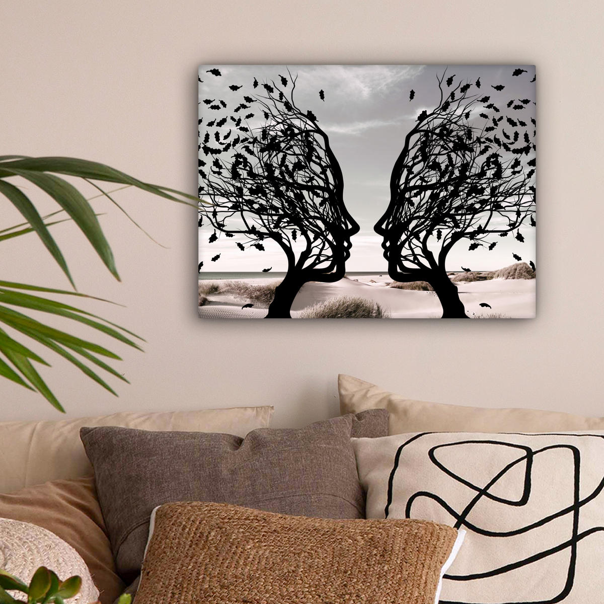LEINWANDBILD Strand - Meer - Menschen - Baum - Moderne Kunst 40x30 cm - Hellgrau, Textil (40/30cm) - MuchoWow