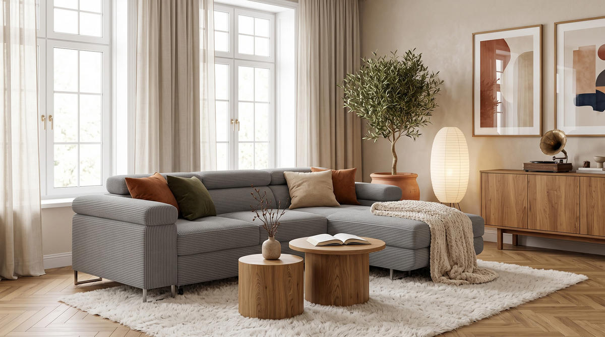 ECKSOFA VEMO MINI Rechts Grau Cord-Stoff Kompakter Komfort für Wohnräume - Grau, Textil (175/235cm) - Barchello