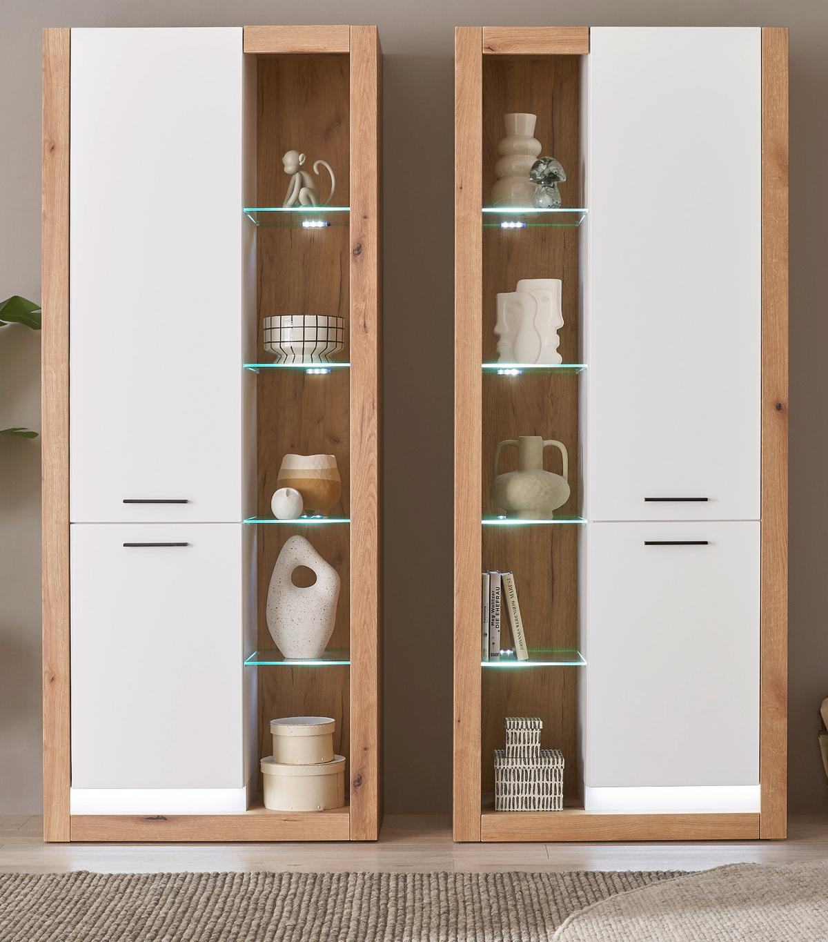 VITRINEN-SET 2-teilig weiß matt, Evoke Eiche, 2 x Vitrinenschrank - Eichefarben/Silberfarben, Glas/Holzwerkstoff (180/195/37cm) - Furn.Design