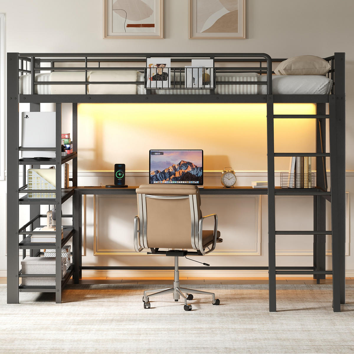 HOCHBETT 140/200 cm in Schwarz mit Schreibtisch, Regal, Aufbewahrungskorb, LED und USB Metallbett - Schwarz, Holzwerkstoff/Metall (140/200cm) - STILVORA