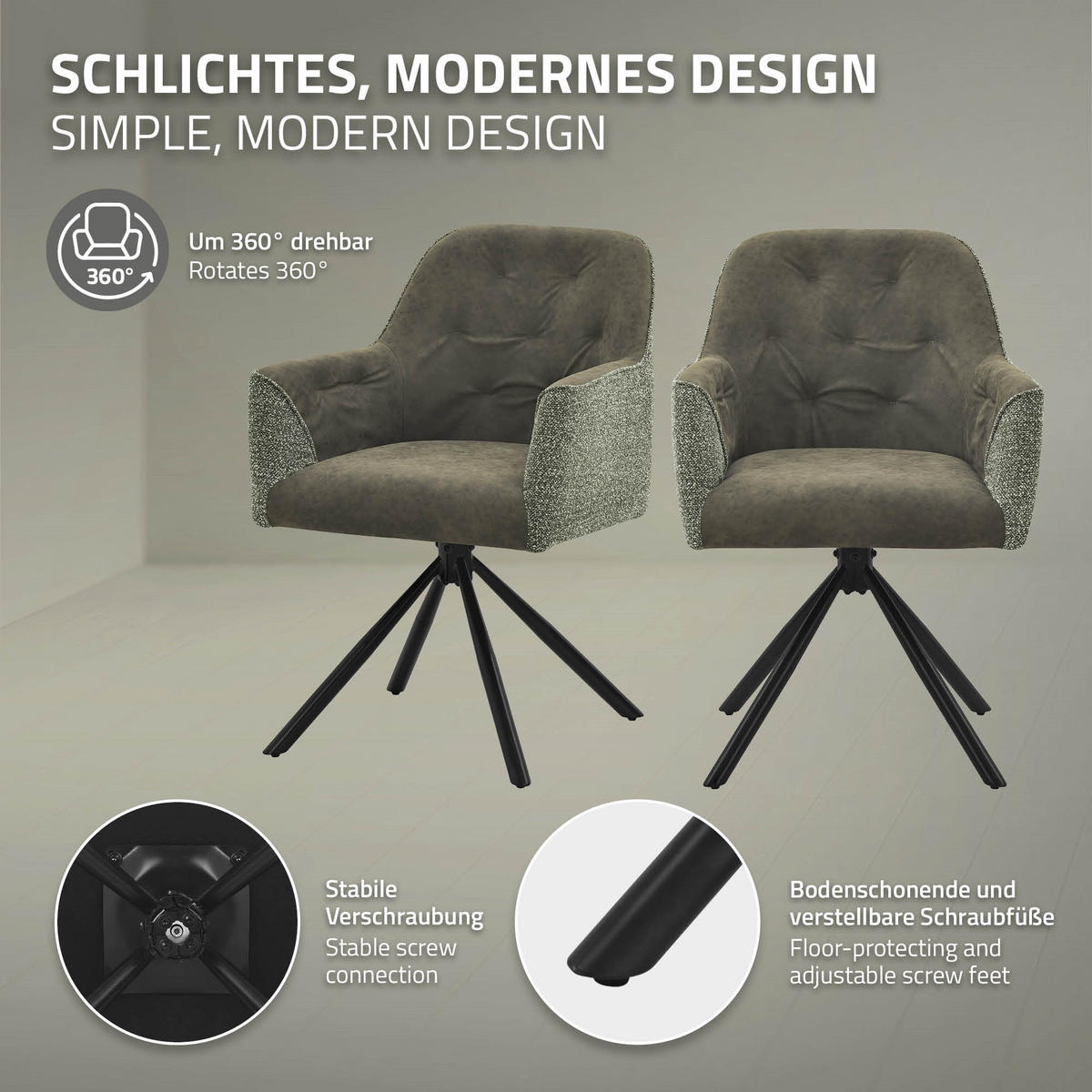 ESSZIMMERSTUHL drehbar Küchenstuhl gepolstert aus Webstoff-Kunstleder Grün - Schwarz/Grün, Textil/Metall (62/87/65cm) - ML-DESIGN
