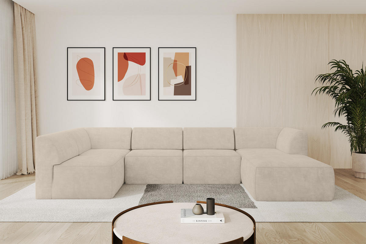 WOHNLANDSCHAFT Ottomane Rechts MOVO-L 345x180x78 cm Beige Velours - Mokka, Holzwerkstoff/Kunststoff (180/78/345cm) - ALTDECOR