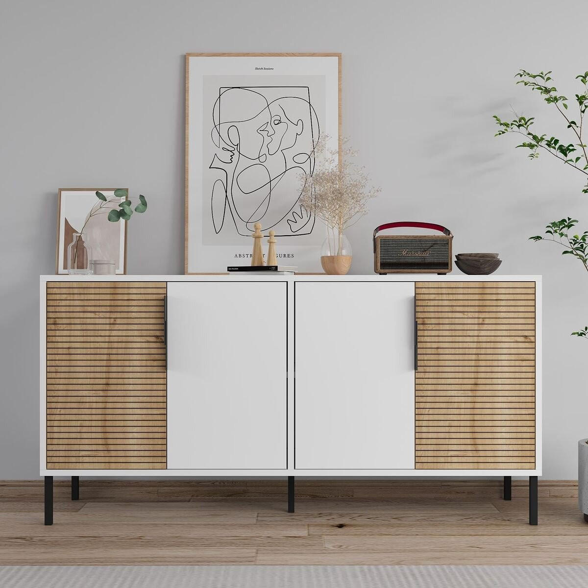 SIDEBOARD mit 4 Türen, Dekor in Weiß und Saphir-Eiche 36/150/75 cm - Weiß, Holzwerkstoff (36/75/150cm) - Calicosy
