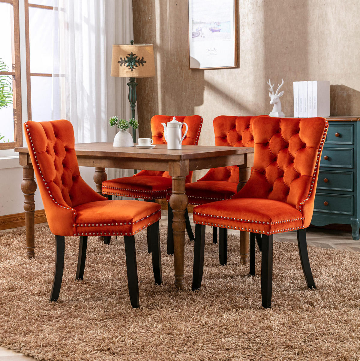STUHL mit hoher Rückenlehne Samt Orange 2er-Set - Orange, Holz (50/95/65cm) - Meubliv